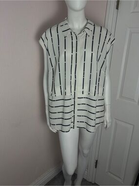 Alfani Striped White & Black Cap-Sleeve Button Front Top